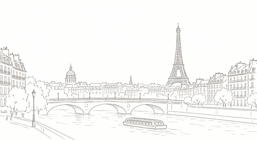 Dibujo de París: el Sena con un barco, un puente y la torre Eiffel al fondo